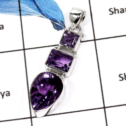Amethyst Cut E - ISP551-Fabulous Multi Cut Stones Plain Silver Pendants 925 Sterling Silver