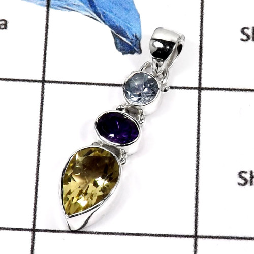 Blue Topaz,Citrine & Amethyst Cut F - ISP551-Fabulous Multi Cut Stones Plain Silver Pendants 925 Sterling Silver