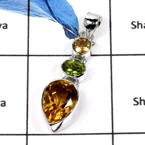 Citirne & Peridot Cut H - ISP551-Fabulous Multi Cut Stones Plain Silver Pendants 925 Sterling Silver