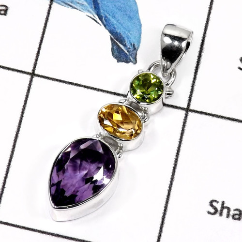 Citrine Cut,Amethyst & Peridot O - ISP551-Fabulous Multi Cut Stones Plain Silver Pendants 925 Sterling Silver