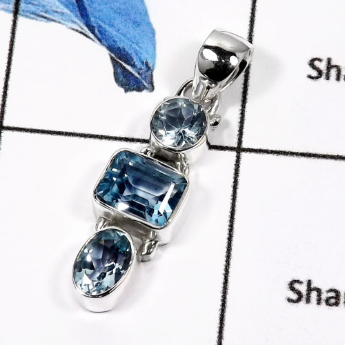 Blue Topaz G - ISP550-Latest New Cut Design Three Stone Handmade Pendants 925 Sterling Silver