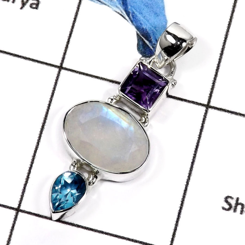 Amethyst,Rainbow Moonstone & Blue Topaz B - ISP549-Elegant Three Cut Stone Handmade Women's Pendants 925 Sterling Silver Amethyst,Rainbow Moonstone & Blue Topaz B - ISP549-Elegant Three Cut Stone Handmade Women's Pendants 925 Sterling Silver