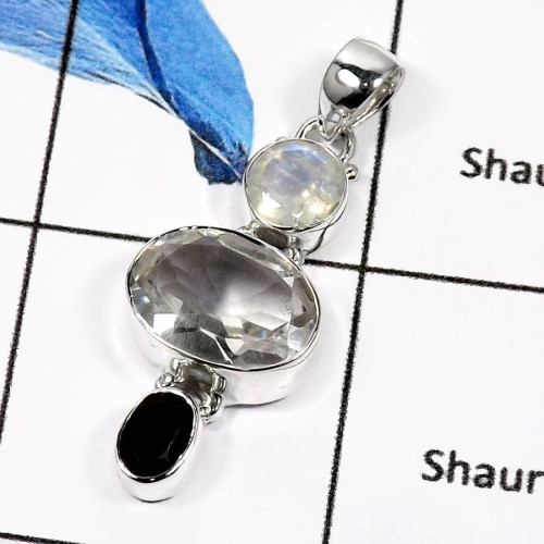 Rainbow Moonstone,Crystal Quartz & Smoky Quartz E - ISP549-Elegant Three Cut Stone Handmade Women's Pendants 925 Sterling Silver Rainbow Moonstone,Crystal Quartz & Smoky Quartz E - ISP549-Elegant Three Cut Stone Handmade Women's Pendants 925 Sterling Silver