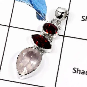 Garnet Cut & Rose Quartz F - ISP549-Elegant Three Cut Stone Handmade Women's Pendants 925 Sterling Silver Garnet Cut & Rose Quartz F - ISP549-Elegant Three Cut Stone Handmade Women's Pendants 925 Sterling Silver