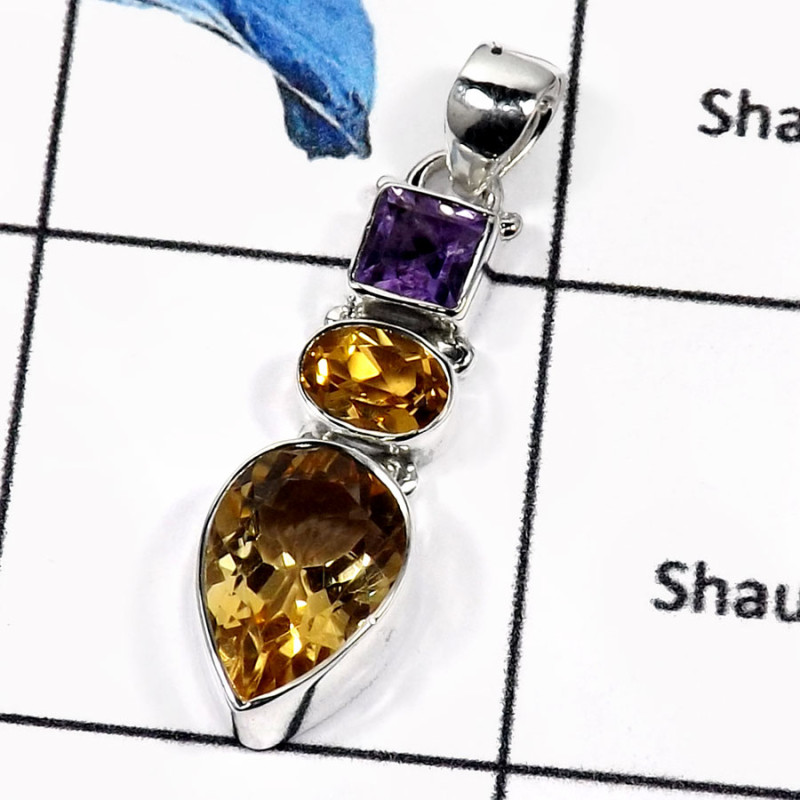 Amethyst Cut & Citrine Cut G - ISP549-Elegant Three Cut Stone Handmade Women's Pendants 925 Sterling Silver Amethyst Cut & Citrine Cut G - ISP549-Elegant Three Cut Stone Handmade Women's Pendants 925 Sterling Silver