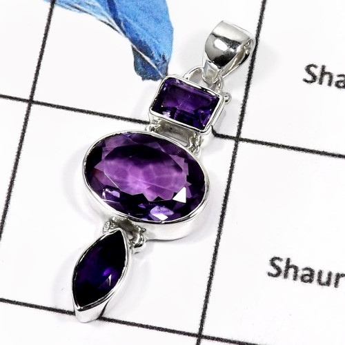 Amethyst Cut O - ISP549-Elegant Three Cut Stone Handmade Women's Pendants 925 Sterling Silver