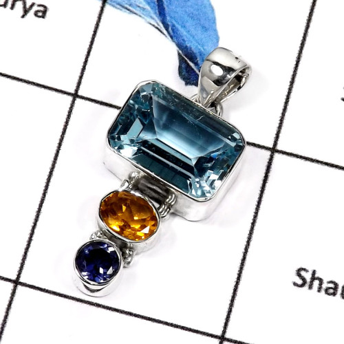 Blue Topaz,Citrine & Iolite Cut B - ISP548-Attracting Party Wear Multi Cut Stone Plain Silver Pendants 925 Sterling Silver Blue Topaz,Citrine & Iolite Cut B - ISP548-Attracting Party Wear Multi Cut Stone Plain Silver Pendants 925 Sterling Silver