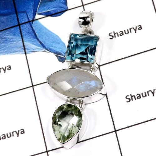 Blue Topaz,Rainbow Moonstone & Green Amethyst Cut D - ISP548-Attracting Party Wear Multi Cut Stone Plain Silver Pendants 925 Ste Blue Topaz,Rainbow Moonstone & Green Amethyst Cut D - ISP548-Attracting Party Wear Multi Cut Stone Plain Silver Pendants 925 Ste