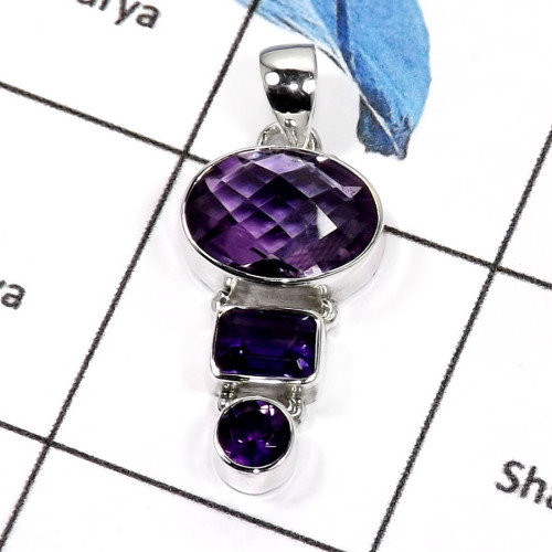 Amethyst Cut G - ISP548-Attracting Party Wear Multi Cut Stone Plain Silver Pendants 925 Sterling Silver Amethyst Cut G - ISP548-Attracting Party Wear Multi Cut Stone Plain Silver Pendants 925 Sterling Silver