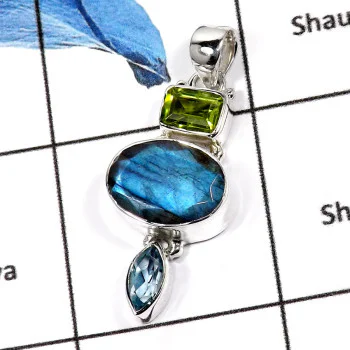 Labradorite Cut,Peridot & Blue Topaz O - ISP548-Attracting Party Wear Multi Cut Stone Plain Silver Pendants 925 Sterling Silver Labradorite Cut,Peridot & Blue Topaz O - ISP548-Attracting Party Wear Multi Cut Stone Plain Silver Pendants 925 Sterling Silver
