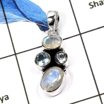 Rainbow Moonstone & Blue Topaz G - ISP546-Prety Look Mix Cut & Cab Plain Pendants 925 Sterling Silver Rainbow Moonstone & Blue Topaz G - ISP546-Prety Look Mix Cut & Cab Plain Pendants 925 Sterling Silver