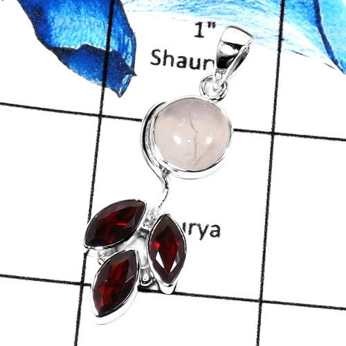 Rose Quartz & Garnet - SD443-CHARMING DESIGNER PENDENT 925 STERLING SILVER