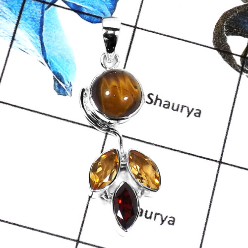 Tiger Eye Garnet Citrine - SD443-CHARMING DESIGNER PENDENT 925 STERLING SILVER