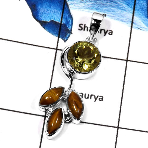 Tiger Eye & Lemon Quartz L - SD443-CHARMING DESIGNER PENDENT 925 STERLING SILVER