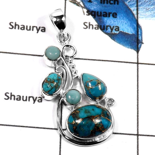 Black Copper Turquoise Larimar H - SD437-EXQUISITE DESIGNER PENDENT 925 STERLING SILVER