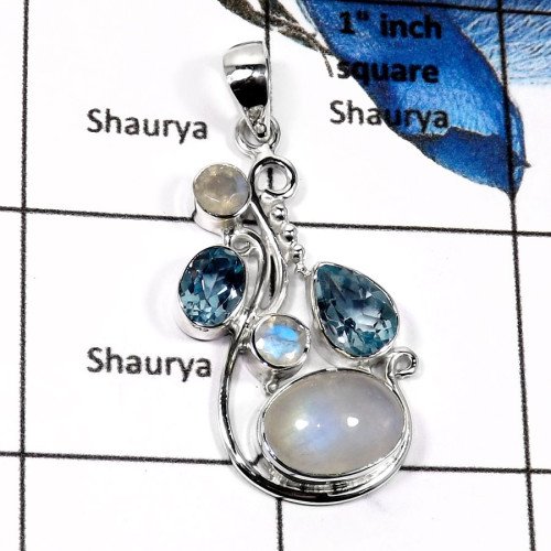 Rainbow Moonstone & Blue Topaz K - SD437-EXQUISITE DESIGNER PENDENT 925 STERLING SILVER Rainbow Moonstone & Blue Topaz K - SD437-EXQUISITE DESIGNER PENDENT 925 STERLING SILVER