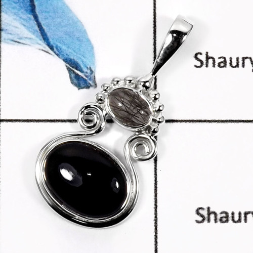 Black Rutile & Black Onyx D - SD434-Natural Gemstones Cab & Cut Designer Wholesale Pendants 925 Sterling Silver