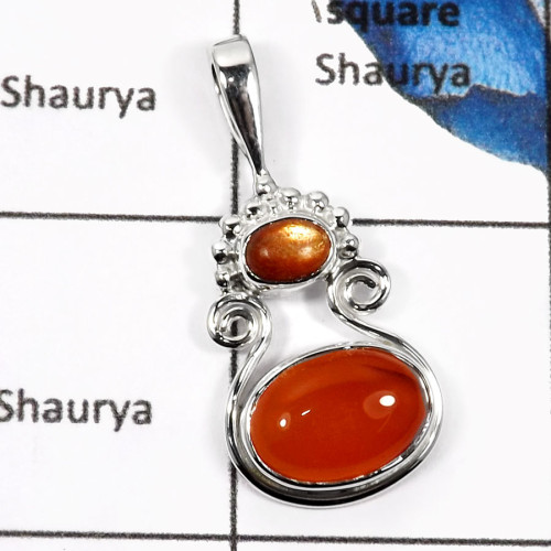 Carnelian Cab & Sun stone E - SD434-Natural Gemstones Cab & Cut Designer Wholesale Pendants 925 Sterling Silver