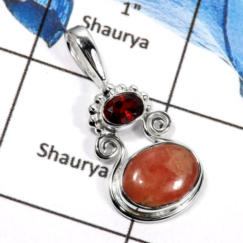 Rhodochrosite & Garnet F - SD434-Natural Gemstones Cab & Cut Designer Wholesale Pendants 925 Sterling Silver