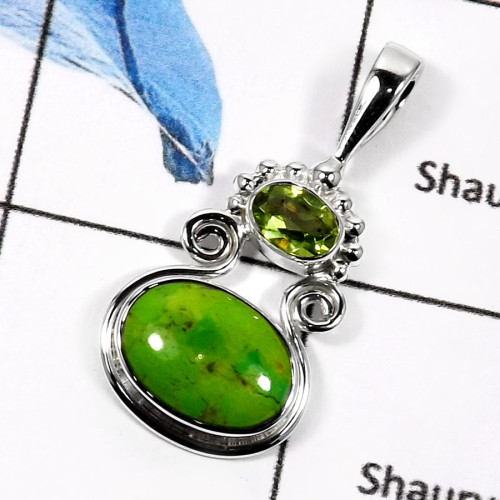 Green Turquoise & Peridot H - SD434-Natural Gemstones Cab & Cut Designer Wholesale Pendants 925 Sterling Silver