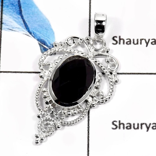 Black Onyx A - SD432-Stunning Cut Gemstone Handmade Designer Pendants 925 Sterling Silver