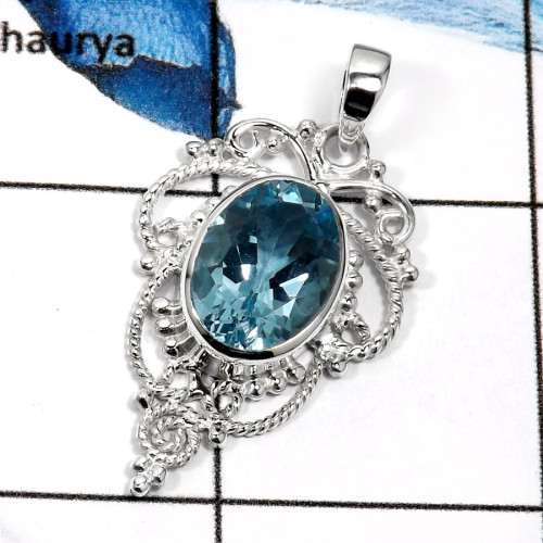Blue Topaz E - SD432-Stunning Cut Gemstone Handmade Designer Pendants 925 Sterling Silver