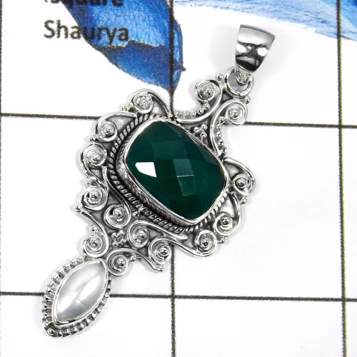 Green Onyx Cut & Pearl A - SD429-Elegant Cut Gemstones Royal Design Pendants 925 Sterling Silver