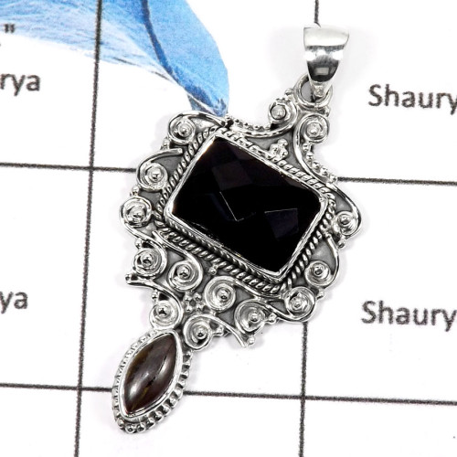 Black Onyx Cab & Iron Tiger Eye B - SD429-Elegant Cut Gemstones Royal Design Pendants 925 Sterling Silver