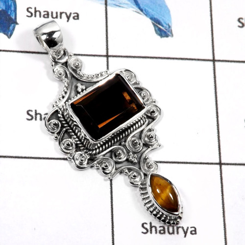 Smokey Quartz Cut & Tiger Eye C - SD429-Elegant Cut Gemstones Royal Design Pendants 925 Sterling Silver