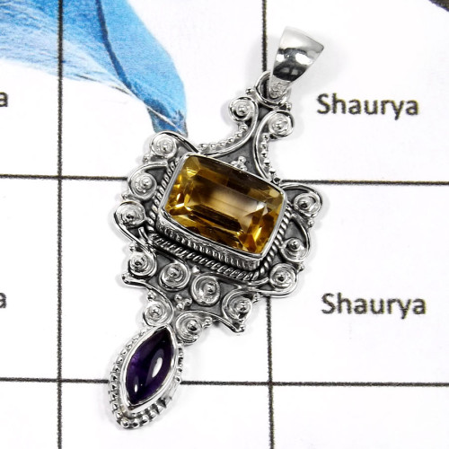 Citrine Cut & Amethyst Cab D - SD429-Elegant Cut Gemstones Royal Design Pendants 925 Sterling Silver