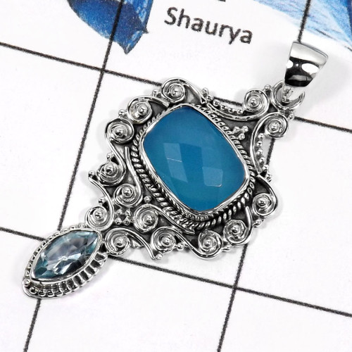 Blue Chalcedony Cut & Blue Topaz O - SD429-Elegant Cut Gemstones Royal Design Pendants 925 Sterling Silver Blue Chalcedony Cut & Blue Topaz O - SD429-Elegant Cut Gemstones Royal Design Pendants 925 Sterling Silver