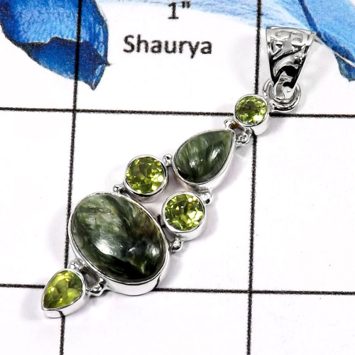Seraphinite & Peridot B - ISP542-Natural Cut Wedding Special Pendants 925 Sterling Silver