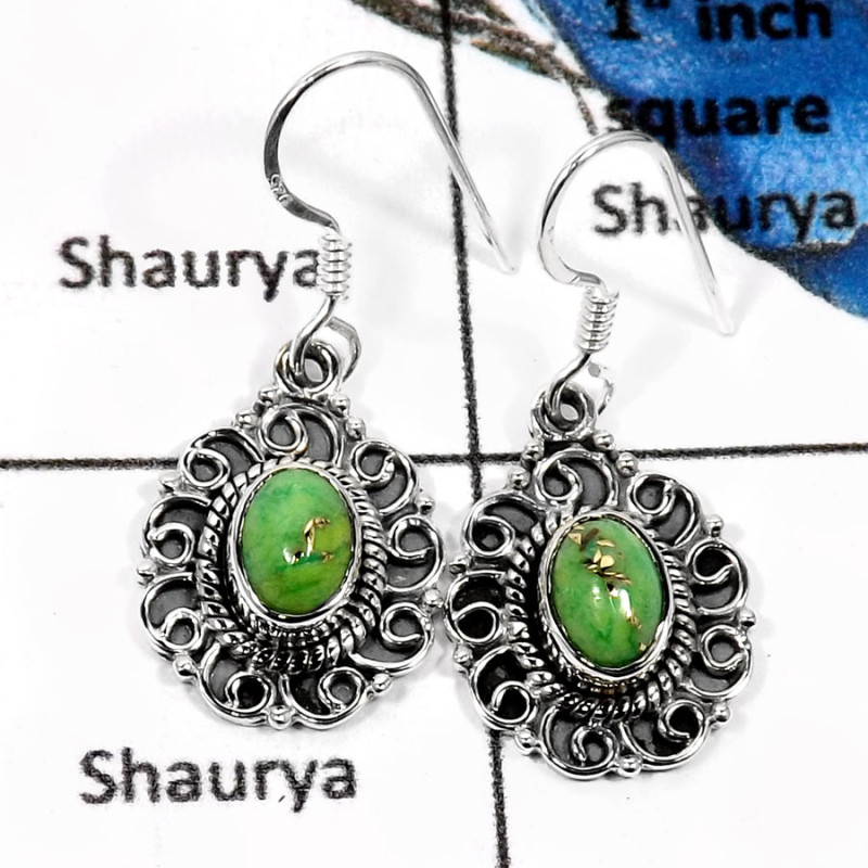 Green Copper Turquoise O - SDE595-Classic Royal Design Handmade Designer Earrings 925 Sterling Silver Green Copper Turquoise O - SDE595-Classic Royal Design Handmade Designer Earrings 925 Sterling Silver
