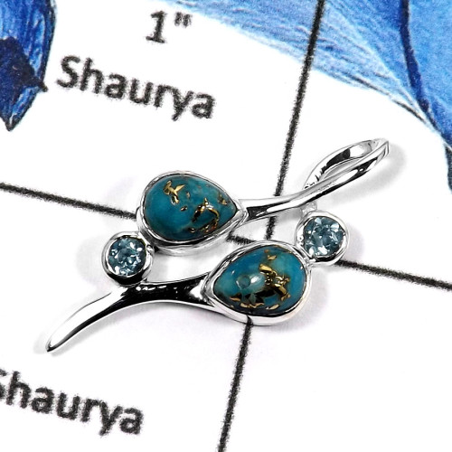Blue Copper Turquoise & Blue Topaz D - CSP908-GRACEFUL DESIGNER PENDENT 925 STERLING SILVER