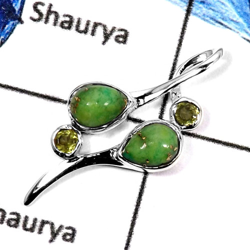 Green Copper Turquoise & Peridot E - CSP908-GRACEFUL DESIGNER PENDENT 925 STERLING SILVER