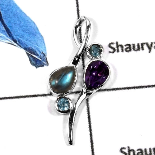 Labradorite Amethyst & Blue Topaz K - CSP908-GRACEFUL DESIGNER PENDENT 925 STERLING SILVER