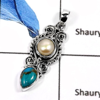 Pearl & Blue Turquoise C - SD424-Natural Gemstones Designer Colorful Pendants 925 Sterling Silver Pearl & Blue Turquoise C - SD424-Natural Gemstones Designer Colorful Pendants 925 Sterling Silver