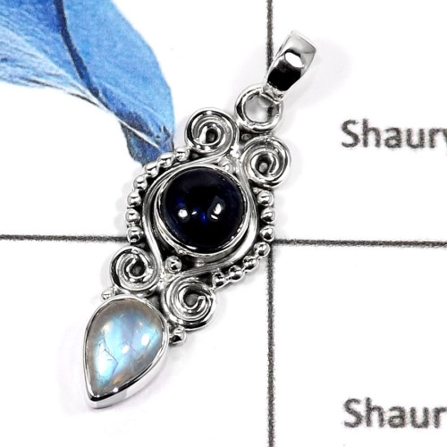Blue Kyanite & Rainbow Moonstone D - SD424-Natural Gemstones Designer Colorful Pendants 925 Sterling Silver