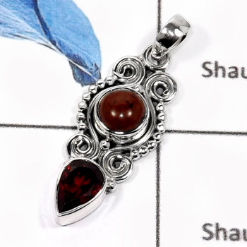 Mahagoni Jasper & Garnet Cut B - SD423-Classic Cab & Cut Two Stone Designer Pendants 925 Sterling Silver Mahagoni Jasper & Garnet Cut B - SD423-Classic Cab & Cut Two Stone Designer Pendants 925 Sterling Silver