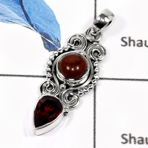Mahagoni Jasper & Garnet Cut B - SD423-Classic Cab & Cut Two Stone Designer Pendants 925 Sterling Silver