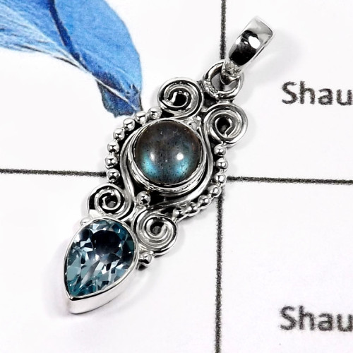 Labradorite Cab & Blue Topaz O - SD423-Classic Cab & Cut Two Stone Designer Pendants 925 Sterling Silver Labradorite Cab & Blue Topaz O - SD423-Classic Cab & Cut Two Stone Designer Pendants 925 Sterling Silver