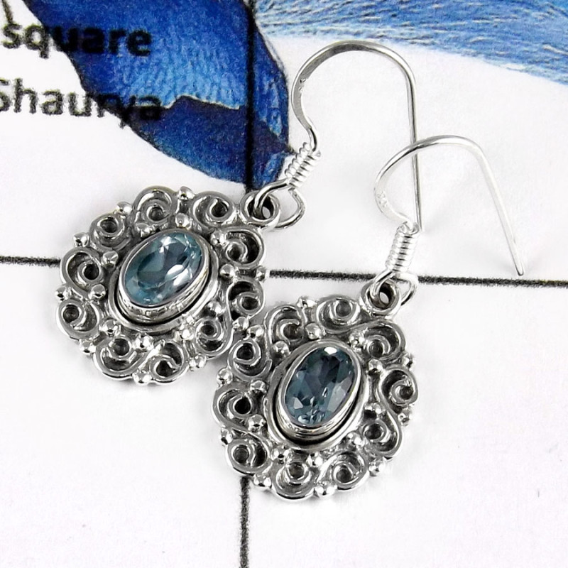 Blue Topaz C - SDE585-Natural Faceted Cut Handmade Light Weight Earrings 925 Sterling Silver Blue Topaz C - SDE585-Natural Faceted Cut Handmade Light Weight Earrings 925 Sterling Silver