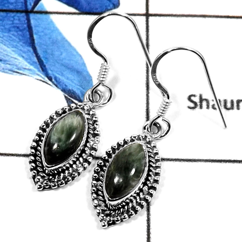 Seraphinite A - SDE584-Exclusive Cabochon Gemstone's Designer Fashionable Earrings 925 Sterling Silver Seraphinite A - SDE584-Exclusive Cabochon Gemstone's Designer Fashionable Earrings 925 Sterling Silver