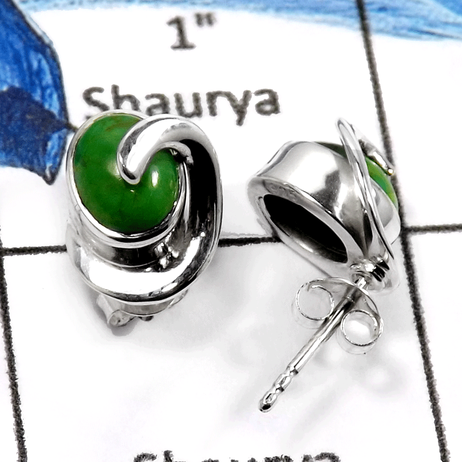 Green Turquoise O - SSE838-Natural Cabochon Gemstones Handmade Fashion Stud Earrings 925 Sterling Silver