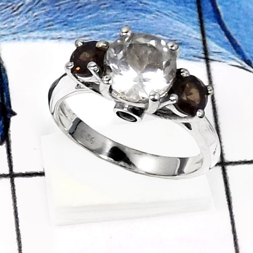 Smokey Quartz & Crystal Quartz B - RSS816-Stunning Three Stone Cut Gemstone Wedding Rings 925 Sterling Silver Smokey Quartz & Crystal Quartz B - RSS816-Stunning Three Stone Cut Gemstone Wedding Rings 925 Sterling Silver