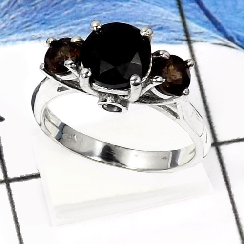 Black Onyx Cut & Smokey Quartz C - RSS816-Stunning Three Stone Cut Gemstone Wedding Rings 925 Sterling Silver Black Onyx Cut & Smokey Quartz C - RSS816-Stunning Three Stone Cut Gemstone Wedding Rings 925 Sterling Silver