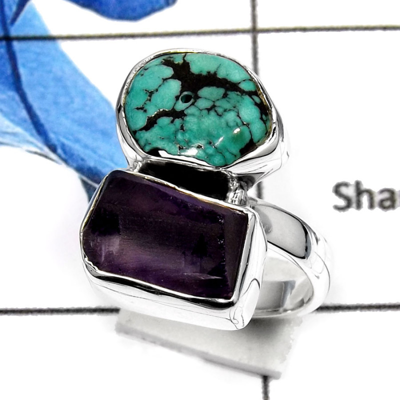 Tibet Turquoise & Amethyst Rough D - SRR977-Natural Rough Gemstone Plain Rings 925 Sterling Silver Tibet Turquoise & Amethyst Rough D - SRR977-Natural Rough Gemstone Plain Rings 925 Sterling Silver