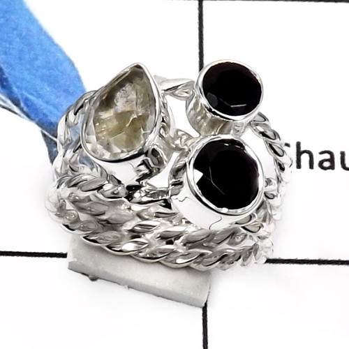 Black Onyx Cut & Crystal Quartz D - RSS801-Natural Cut Gemstones Designer Rings 925 Sterling Silver
