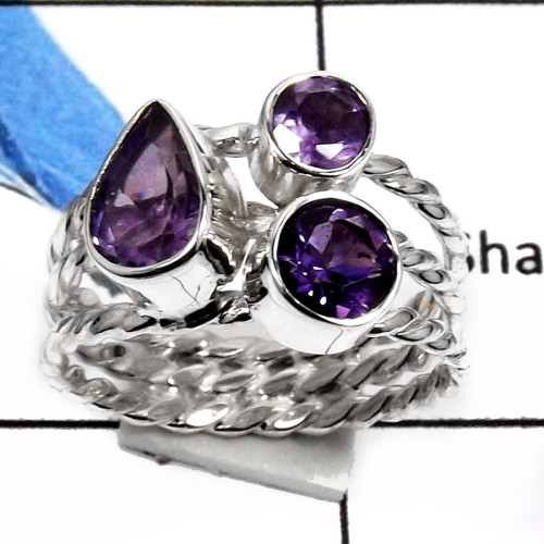 Amethyst Cut E - RSS801-Natural Cut Gemstones Designer Rings 925 Sterling Silver