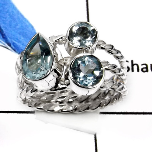 Blue Topaz F - RSS801-Natural Cut Gemstones Designer Rings 925 Sterling Silver
